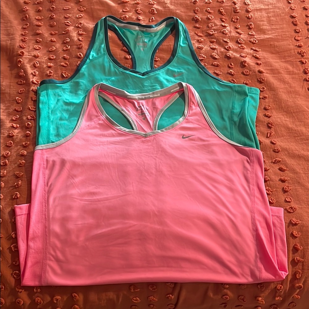 Two Nike Women's Pink and Green Tank Tops - size XL